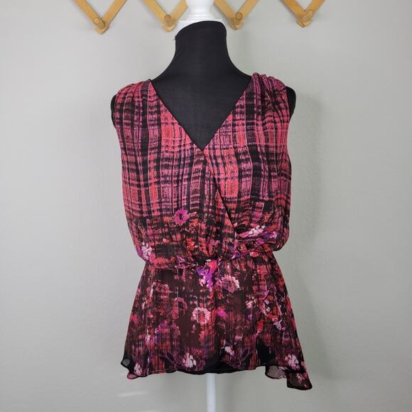 Bisou Bisou Pink Floral Plaid Peplum Blouse Top Size Small - Picture 3 of 9
